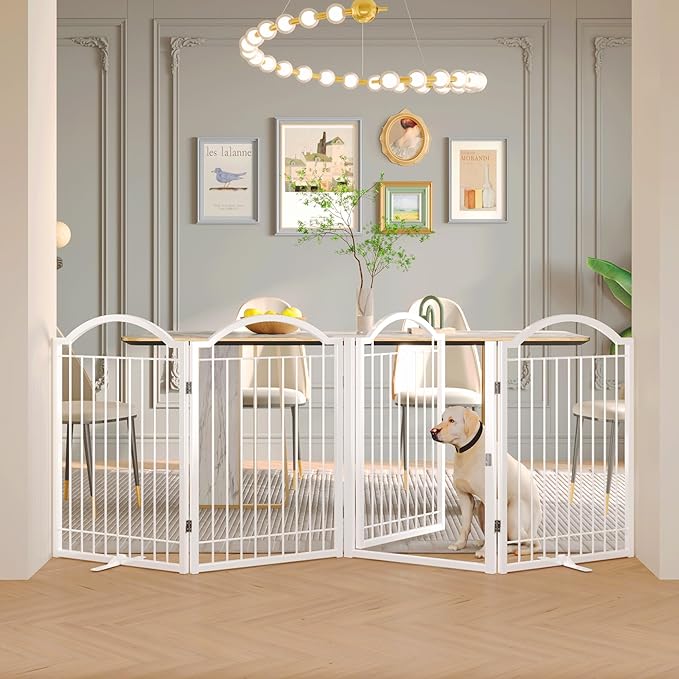 BHG Metal No-Assembly Freestanding Dog Gate with Door Walk Through, Extra Wide 96", Extra Tall 32" Pet Gate, Accordion Puppy Folding Playpen Dog Fence, with 2PCS Support (White, 4 Panels)-PawvioPets