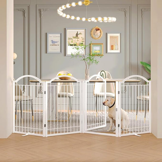 BHG Metal No-Assembly Freestanding Dog Gate with Door Walk Through, Extra Wide 96", Extra Tall 32" Pet Gate, Accordion Puppy Folding Playpen Dog Fence, with 2PCS Support (White, 4 Panels)-PawvioPets