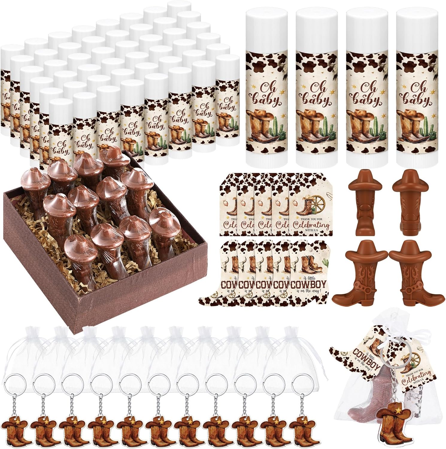 288 Baby Shower Favors Baby Shower Gifts Bulk Lip Balms Soaps Keychains Organza Bags Guest Appreciation Gift with Thank You Tags and Cards for Boys Girls Guest Gift (Brown,Cowboy)