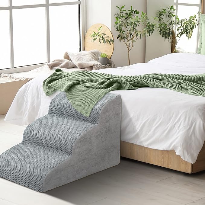 Dog Stairs for Small Dogs - High Density Foam Dog Ramp, Extra Wide Pet Steps with Non-Slip Bottom for High Beds, Couche and Sofa, Best for Dogs Injured, Older Doggy Cats (Grey, 3 Steps)-PawvioPets