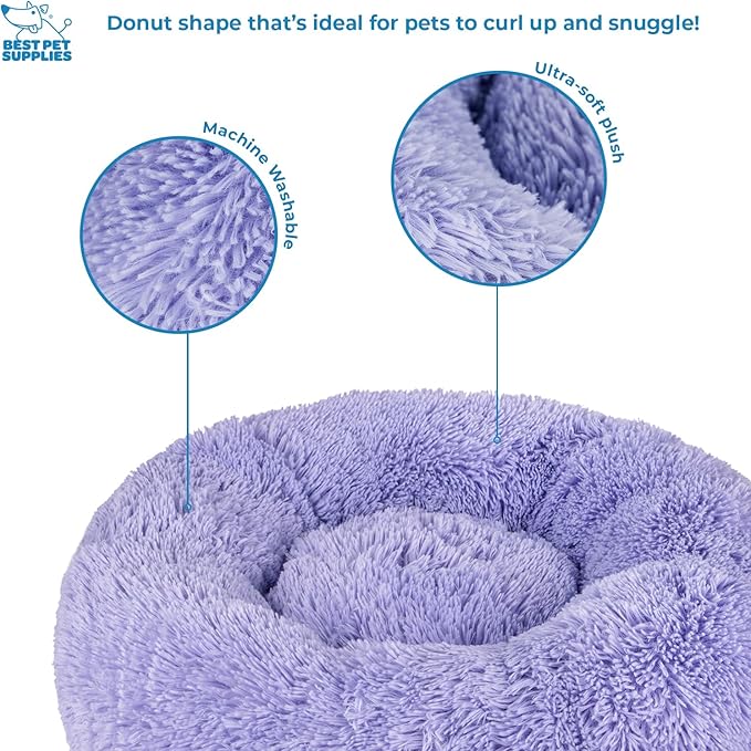 Best Pet Supplies Round Donut Dog Bed with Plush Faux Fur Fabric, Calming, Anti-Anxiety Cushion for Indoor Pets, Slip-Resistant Base, Soft Ergonomic Support - Lavender, 27x27x7.5''-PawvioPets