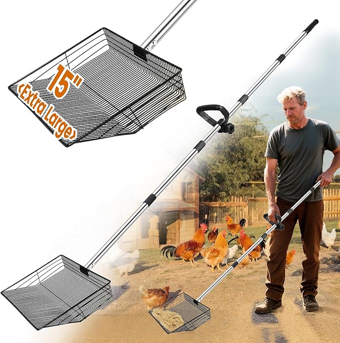 15 inch Extra Large Chicken Poop Scooper with Ergonomic Grip,5-in-1 Heavy Duty Adjustable Coop Scoop for Poop (24 to 68"), Stainless Steel Sifting Litter Shovel Scoop for Chicken Coop-PawvioPets