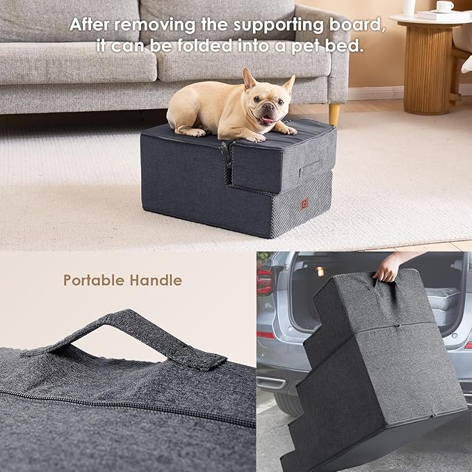 EHEYCIGA Dog Stairs for Small Dogs 16.5" H, 3-Step Extra Wide Dog Steps for Couch Sofa and Chair, Pet Steps for Medium Cats, Non-Slip Balanced Pet Ramp Indoor, Grey-PawvioPets