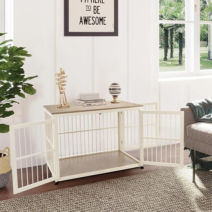 32 Inch Heavy Duty Dog Crate Furniture for Medium and Small Dogs, Decorative Pet House End Table, Wooden Cage Kennel Furniture Indoor with Double Doors, Sturdy Dog Cage for Anxiety Dog-PawvioPets