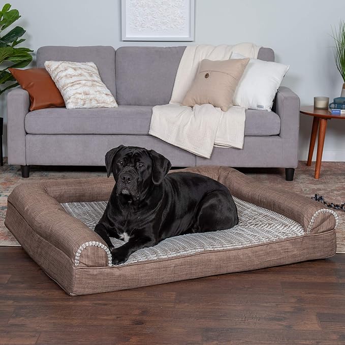 Furhaven Cooling Gel Dog Bed for Large Dogs w/ Removable Bolsters & Washable Cover, For Dogs Up to 125 lbs - Luxe Faux Fur & Performance Linen Sofa - Woodsmoke, Jumbo Plus/XXL-PawvioPets