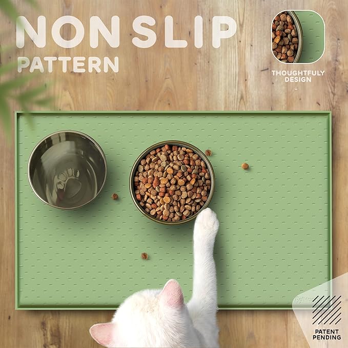 Dog Food Mat - 28x18 Raised Edges Dogs Mat for Food and Water Prevent Spill, Waterproof Cat Food Mats Protect Floors, Easy Clean Dog Bowl Mats for Food and Water, Silicone Pet Feeding Placemats Green-PawvioPets