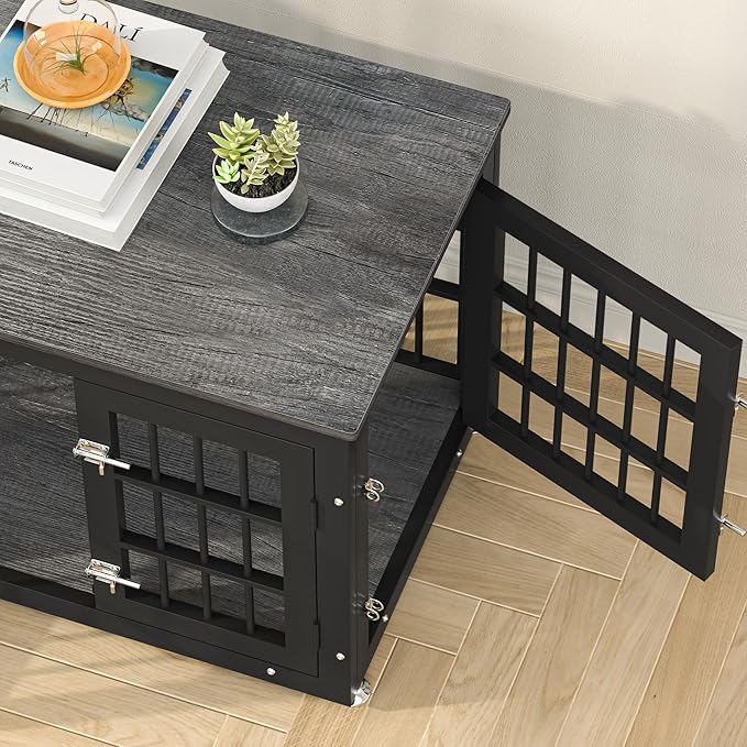 26 Inch Heavy Duty Dog Crate Furniture for Small Dogs, Decorative Pet House End Table, Wooden Cage Kennel Furniture Indoor, Gray-PawvioPets