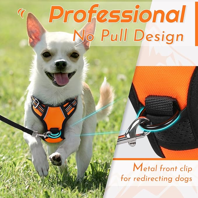 Eagloo Small Dog Harness No Pull, Service Vest with Reflective Strips and Control Handle, Adjustable and Comfortable for Easy Walking, No Choke Pet Harness with 2 Metal Rings, Orange, XS-PawvioPets