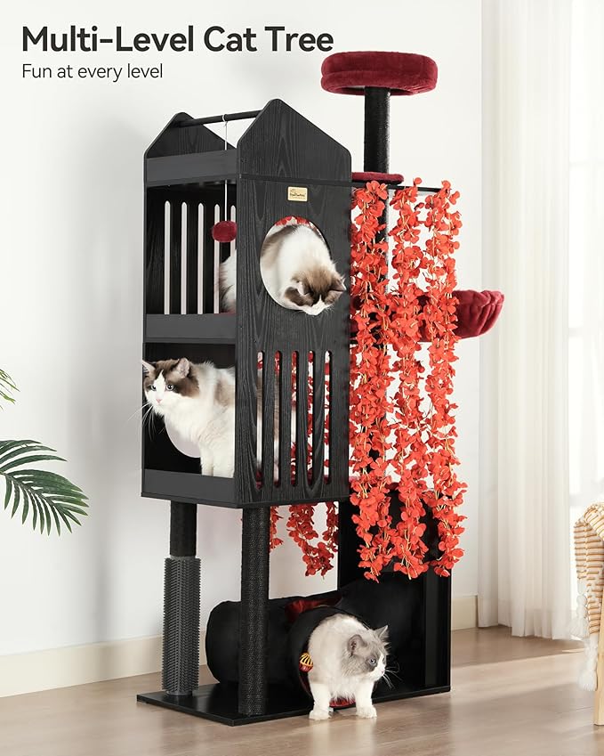 FourFurPets Gothic Cat Tree, 67" Cat Tower for Indoor Cats, Maine Coon Cat Tree for Large Cats 20 lbs+ with Extra-Large Padded Platform, Sisal-Covered Scratching Posts, Comfy Basket, Black & Red-PawvioPets