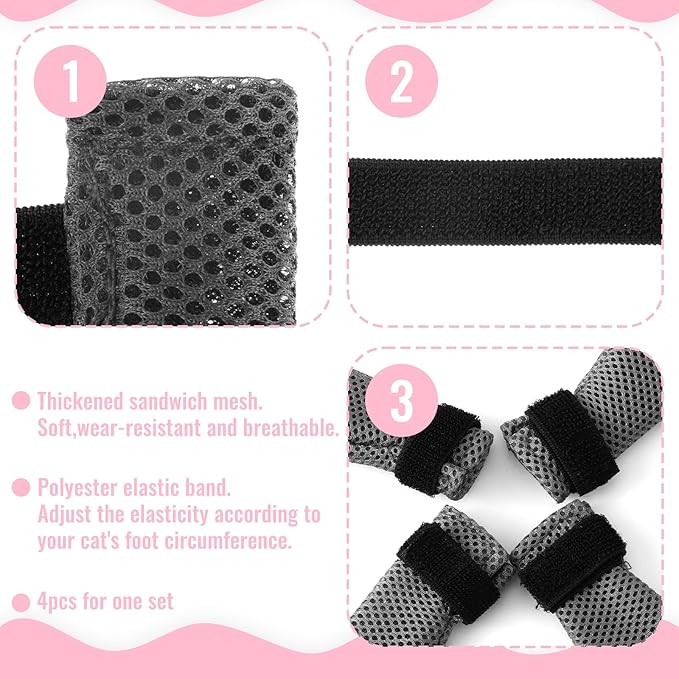 4Pcs Cat Shoes, 3.62×1.57 Inches Anti Scratch Cat Mittens, Breathable Mesh Nail Caps for Cats Claws, Adjustable Cats Claw Covers for Pet Bathing Feeding Cutting Nails(Gray)-PawvioPets