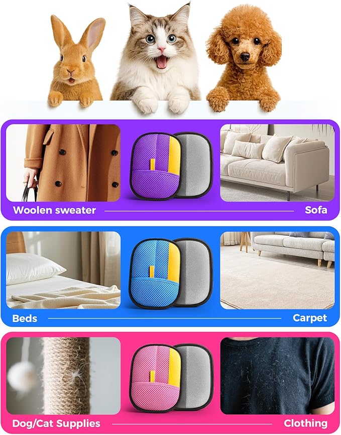 2025 Thickened Electrostatic Pet Hair Removal Gloves (2 Pcs) - Reusable Strong Grooming Gloves for Cats & Dogs, Hair Remover for Couch, Furniture, Carpet, Car Seats & Clothing (Purple)-PawvioPets