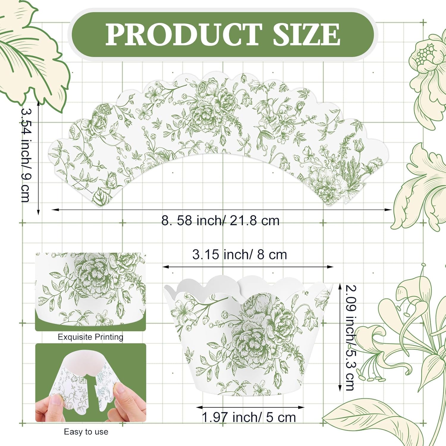 Domensi 100 Pcs Cupcake Wrappers Rustic Cupcake Liners Baking Cups Baking Liners for Wedding Bridal Baby Shower Birthday Party Supplies Dessert Decoration(Green, Floral)