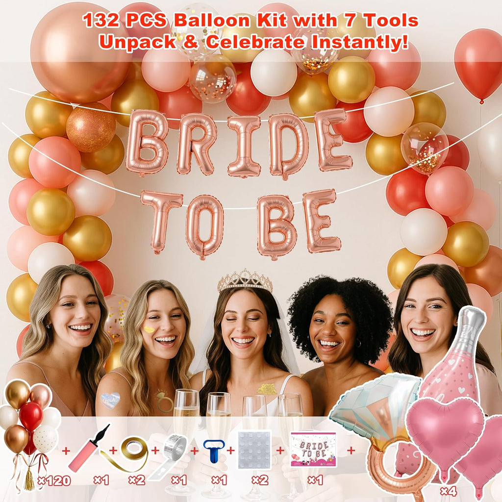 168PCS Bridal Shower Decorations Kit – Rose Gold Bachelorette Party Supplies with Bride To Be Foil Balloon, Shoulder Sash, Veil, Crown, Balloons, Props, Fringe Curtains, Tattoos, Cake Toppers
