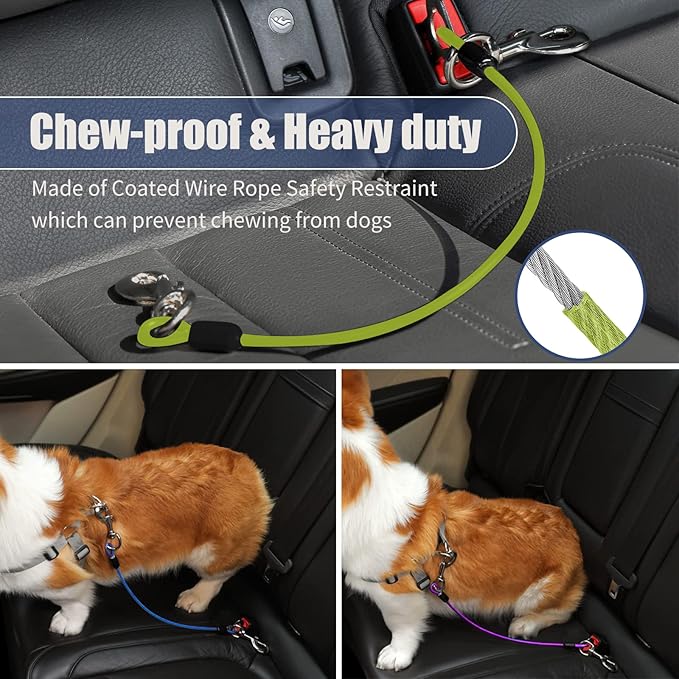 Dog Seat Belt Harness for Car,Dog Seatbelt of Coated Wire Leash Safety Restraint,No Chew Tether Cable Vehicle,Double Clips & Latch (Green, 32 inch/80 CM)-PawvioPets