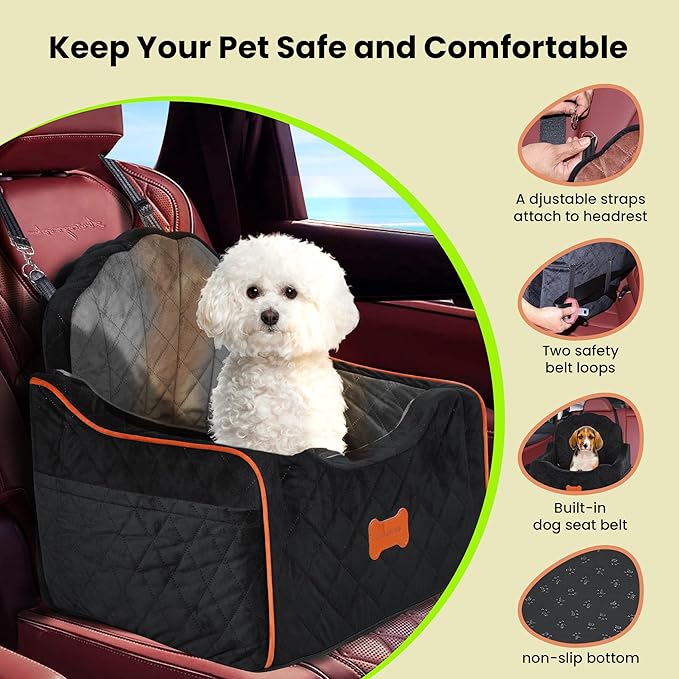 Dog Car Seat for Small Dogs Under 30lbs, Detachable Washable Pet Booster Seat with Safety Belt & Storage Pockets, Travel Car Bed, Black/Grey-PawvioPets