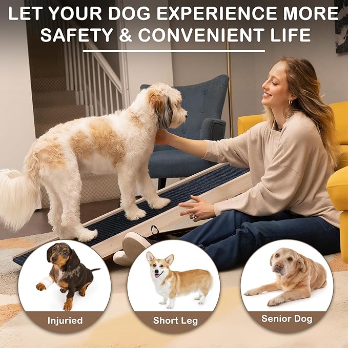 Folding Dog Ramp Safety, Wooden Adjustable Height Pet Ramps, Potable Dog Steps with Non-Slip Traction Mat, Dog Step for Bed, Dogs Stairs for SUV Car, Couch, Safe,Height Bed-PawvioPets