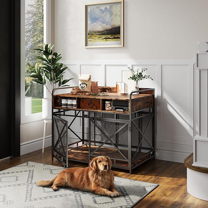 Dog Crate Furniture, 43" Heavy Duty Wooden Dog Crate End Table, XL Dog Kennel Furniture Large Breed, Decorative Dog Kenne Indoor with 3 Drawers & Steel Tubes 43" L x28 W x36 H (Rustic Brown)-PawvioPets
