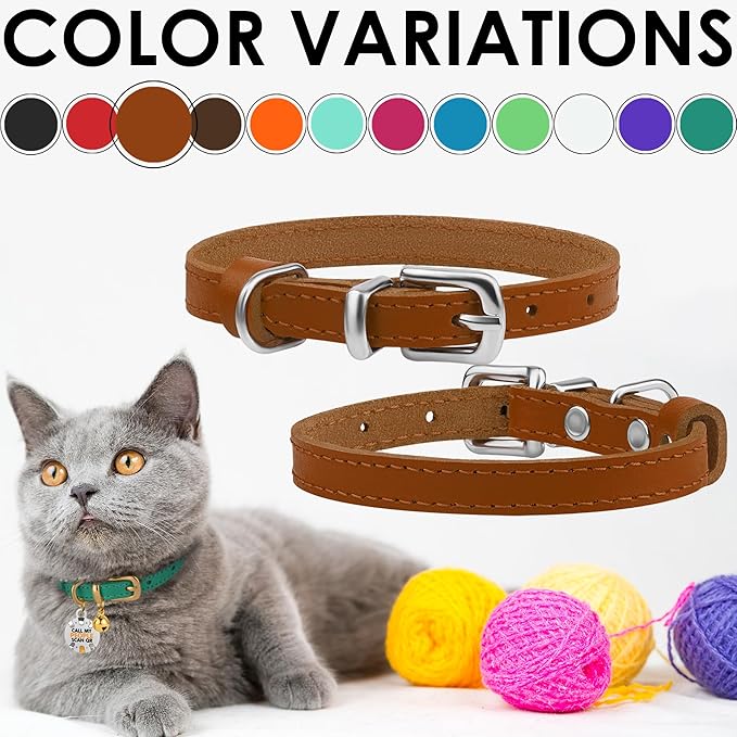 BRONZEDOG Leather Cat Collar with Removable Bells Non Breakaway Kitten QR Tag for Girl Boy (9" - 12" Cats/Mini Dogs, Light Brown & Silver)-PawvioPets