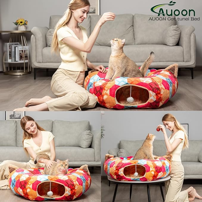 AUOON Cute Cat Donut Tunnel - Interactive Cat Tunnel Bed for Indoor Cats Kitten Kitty Puppy Rabbit Ferret (Orange)-PawvioPets