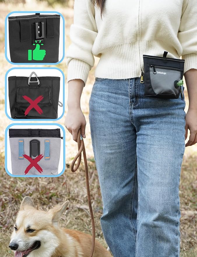 Gobeigo Dog Treat Pouch and Training Clicker, Upgrade Two Magnetic Closure to Prevent Spills, 2 Cup Treat Bag with Poop Bag Dispenser, Metal Clip Waist Belt Fanny Pack for Pet Walking (Black/Gray)-PawvioPets