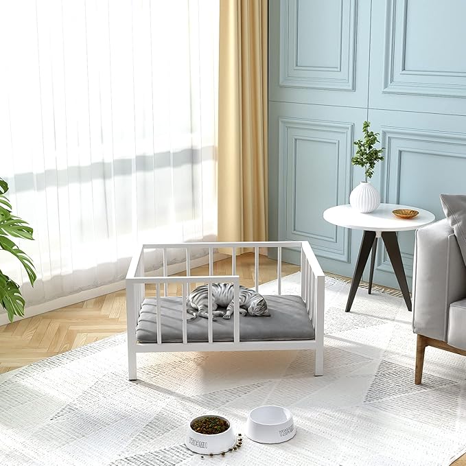 Dog Bed with Rails - Elevated Pet Metal Bed Frame with Solid Wood Board and Washable Soft Mat for Small Dog Indoor or Outdoor Use, 21.3" x 30 ", White-PawvioPets