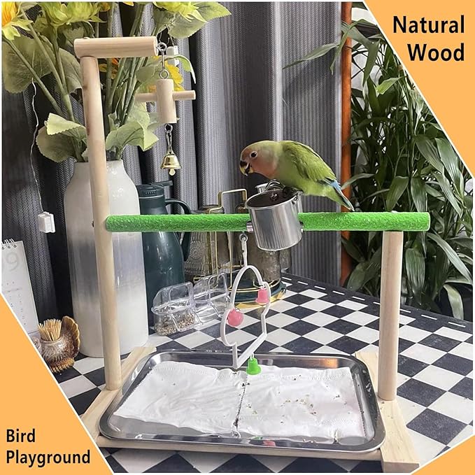 Bird Palyground, Parrot Playstand Natural Wood, Bird Perch Stand Gym with Feeder Cups and Removable Tray, Bird Cage Accessories for Parakeets Cockatiels Lovebirds-PawvioPets