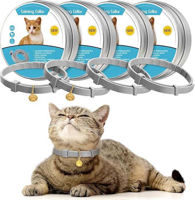 4 Pcs Cat Calming Collar Adjustable Lavender Scent Relaxing Cat Collar with 2 Pendant for Puppies Reduce Stress Aggression Anxious, up to 15 Inches(Grey, Silver)-PawvioPets