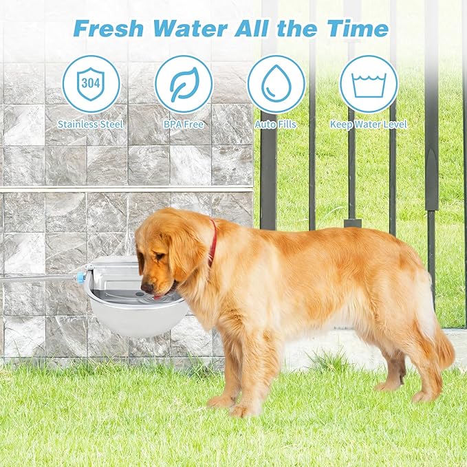 FHTONGE 304 Stainless Steel Automatic Water Dispenser with Drainage for Outdoor Big Dog, Large Auto Fill Dog Waterer Float Valves for Livestock Poultry Horse Cow Goat Pig Chicken Duck Rabbit Drinking-PawvioPets