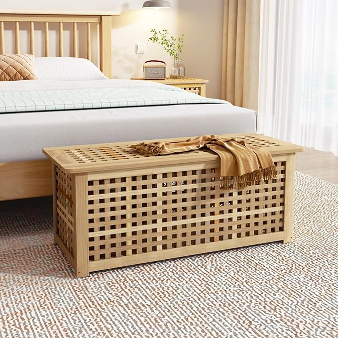 Bench with Storage, Acacia Laundry Hamper with Seat, Storage Benches with Seating for Entryway, Living Room, Bedroom, Bathroom (15.7x38.6x17.7in)-PawvioPets