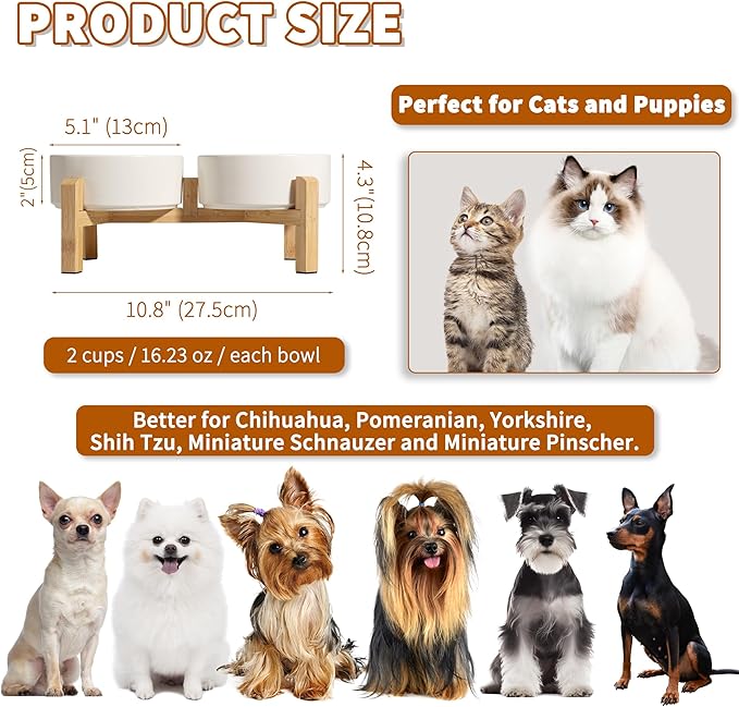 Elevated Ceramic Dog Bowl Set - Raised Feeding Bowls with Non-Slip Bamboo Stand - Small Pet Dishes for Food and Water - Ideal for Cats and Puppies - 16.23 OZ - 2 Cups - 480 ML-PawvioPets