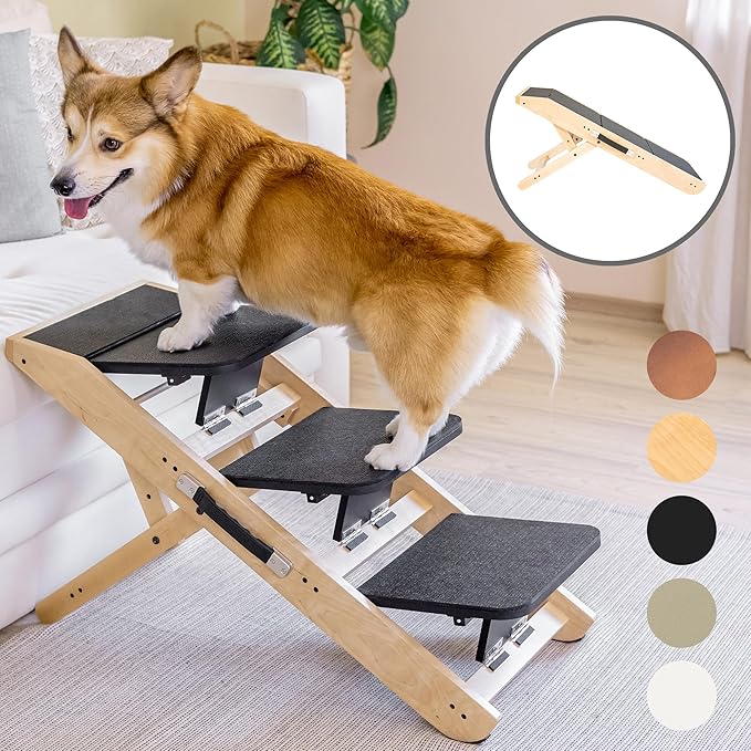 Dog Steps for Bed & Couch 2-in-1 Dog Stairs/Ramp - Height Adjustable Dog Ramp for Couch 7” - 20” - Pet Stairs, Dog Stairs for Small Dogs - Easy to Move Pet Steps with Landing Platform, Natural-PawvioPets