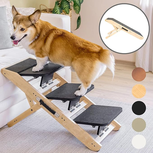 Dog Steps for Bed & Couch 2-in-1 Dog Stairs/Ramp - Height Adjustable Dog Ramp for Couch 7” - 20” - Pet Stairs, Dog Stairs for Small Dogs - Easy to Move Pet Steps with Landing Platform, Natural-PawvioPets