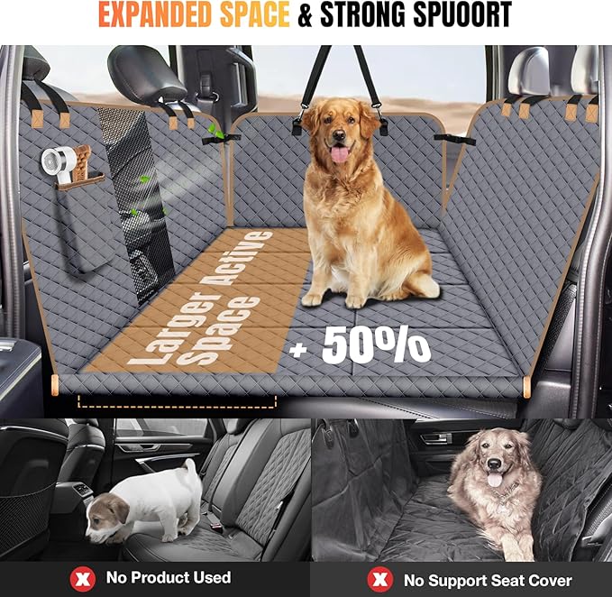 Dog Car Seat Cover for Back Seat, Dog Car Bed Cover with Strong Hard Bottom, Car Back Seat Extender Hammock for Car SUV Truck 4 Panels Gray Color Large Size-PawvioPets