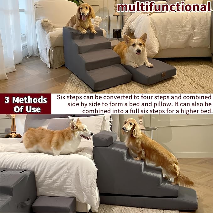 Dog Stair ramp for 30 inch high beds. 6-Step Dog Stair Ramp for 20 to 36 Inch Sofa Beds. Pet Steps for Small, Medium and Large Dogs. Non-Slip, Balanced and Portable. Multifunctional 6 Steps, Gray.-PawvioPets