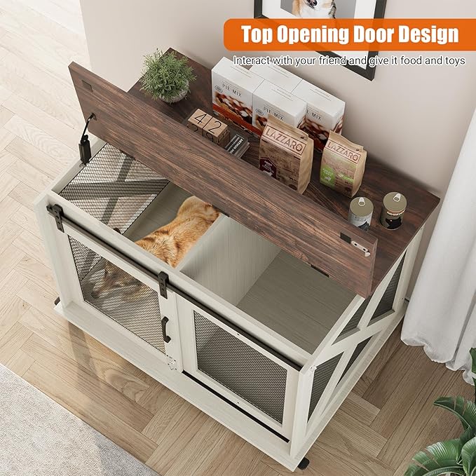 Dog Crate Furniture,37 Inch Indoor Dog Cage with Sliding Barn Door, Flip Top Dog Kennel End Table with Removable Divider, Farmhouse Wooden Pet House for Small to Middle Size Dogs-PawvioPets