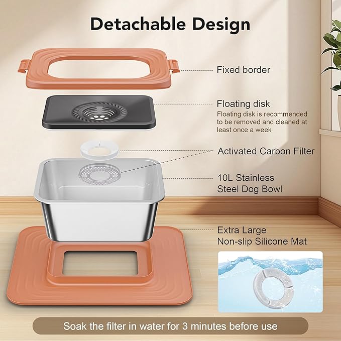 Decflow 10L Stainless Steel Dog Water Bowl, No Spill Anti-Splash Dog Bowls with XXL Silicone Mat, Spill-Proof Slow Feeder for Messy Drinkers, Heavy Duty Pet Bowls for Indoor/Outdoor Use Pink-PawvioPets