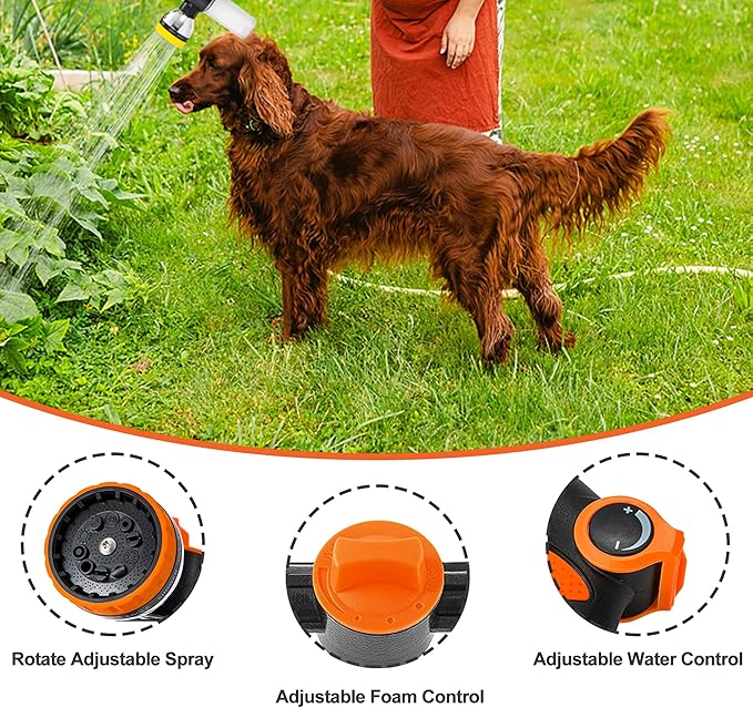 Dog Washing Hose Attachment, 10-in-1 Soap Sprayer Moden Garden Hose Nozzle with 100cc Soap Dispenser, Dog Wash Supplies with Dog Bath Brush & Pet Comb, Foam Gun Car Wash Sprayer (Orange)-PawvioPets