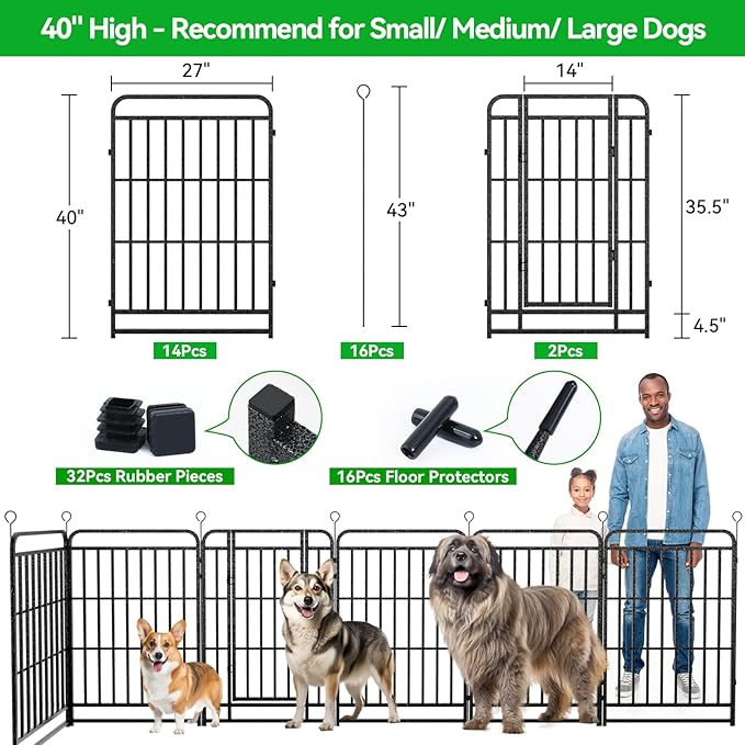 Dog Playpen Outdoor 16 Panels Heavy Duty Dog Fence 40" Height with Thick Pipe Anti-Rust with Doors Portable for RV Camping Yard, Total 36FT, 103 Sq.ft, Snowy Black-PawvioPets