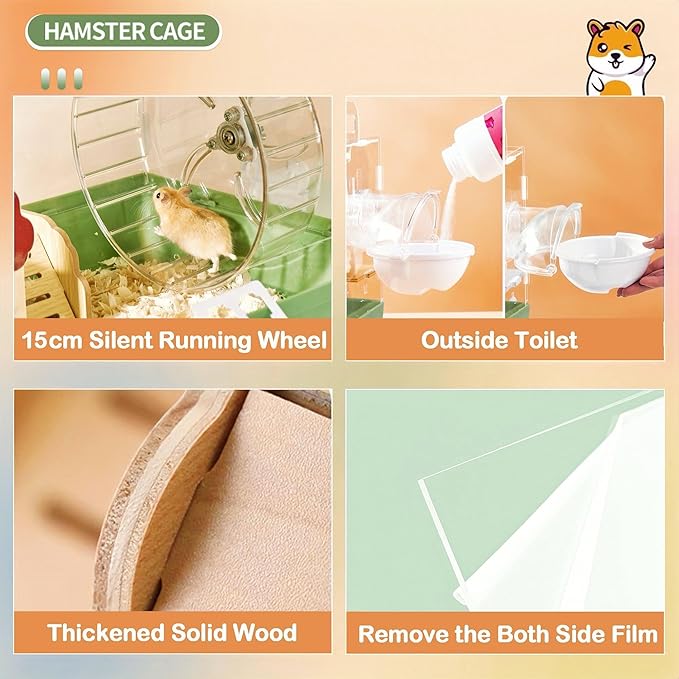 8 in 1 Clear Acrylic Hamster Cage with All Accessories,13.5''L* 10''W* 13''H Dwarf Hamster Cage,Small Hamster Habitat,Garden Style Mouse Cage for Pet Mice,Hamster Enclosure with Stairs(1-Layer)-PawvioPets