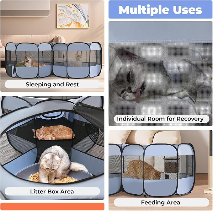 2-in-1 Dog Playpen, Pop Up Cat Puppy Pet Playpen, Indoor Outdoor Cats Enclosed, Cat Tent Crate Cage Kennel, Portable Playpen for Kitten and Small Animals(No Divider, Unified Space)-PawvioPets