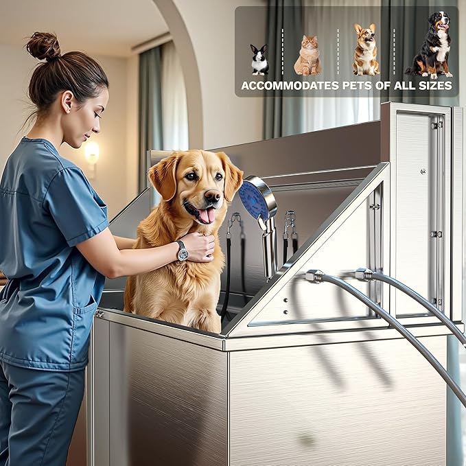 DWVO Professional Dog Bathing Station Stainless Steel 304 Pet Bathtub, 50in Dog Grooming Tub w/Right Door Ramp, 2 Storage Drawers, Grate, Pet Washing Station for Large, Medium, Small Pets-PawvioPets