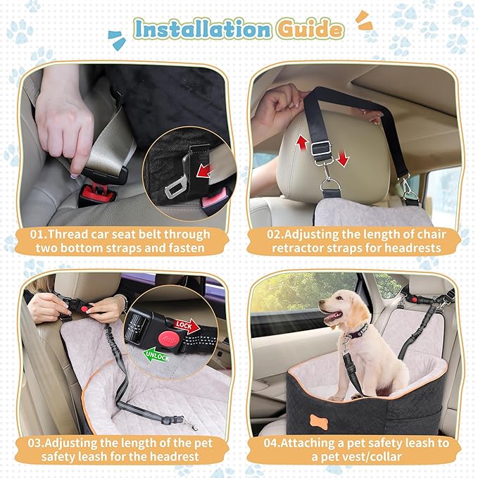 COCASES Dog Car Seats for Small Medium Dogs, Height-Adjustable Dog Booster Car Seat, Detachable and Washable Car Dog Bed with Seat Belt for Pet Under 35lbs Car Trip-PawvioPets