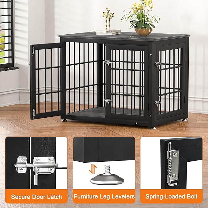 32 Inch Heavy Duty Dog Crate Furniture for Medium and Small Dogs, Decorative Pet House End Table, Wooden Cage Kennel Furniture Indoor, Gray-PawvioPets