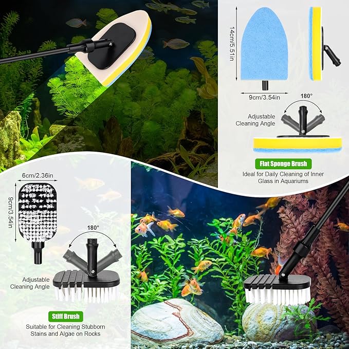 AQQA Aquarium Cleaning Tools Multifunctional 6-in-1 Fish Tank Cleaning Kits with Telesopic Handle Alage Scraper Sponge Scrubber Stiff Brush Plant Fork Gravel Rake Fish Net-PawvioPets