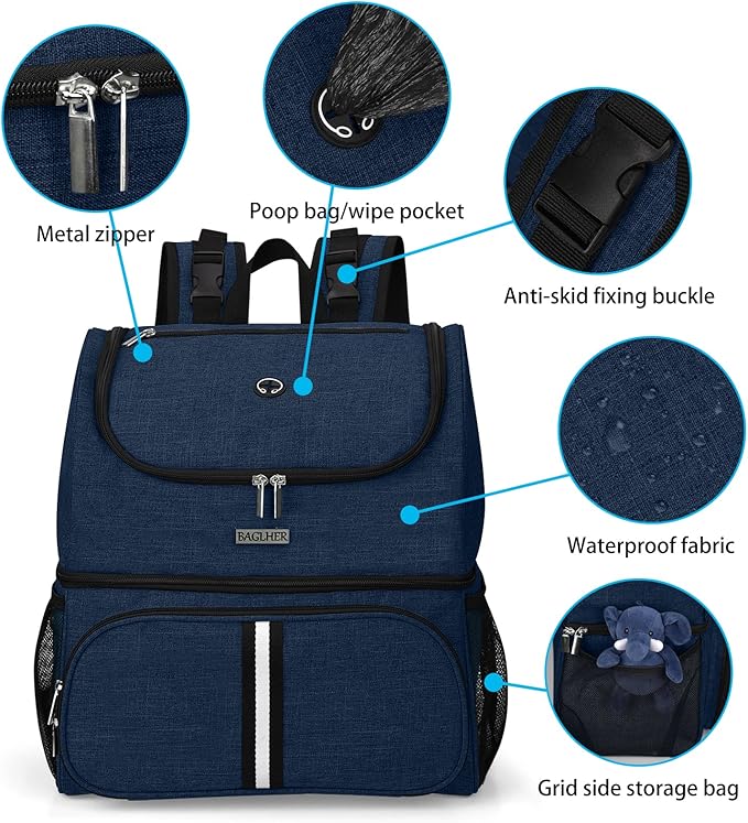 BAGLHER Pet Travel Bag, Double-Layer Pet Supplies Backpack (for All Pet Travel Supplies), Pet Travel Backpack with 2 Silicone Collapsible Bowls and 2 Food Baskets Dark Blue-PawvioPets