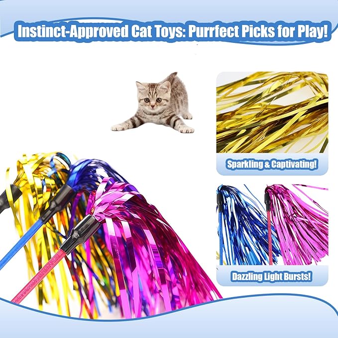 ADUCK Interactive Cat Teaser Wand Toy with Tassels - Durable Cat Chaser for Indoor Kitten Exercise, Boredom Relief & Training Play, Pack of 3 (Gold, Blue, Pink)-PawvioPets