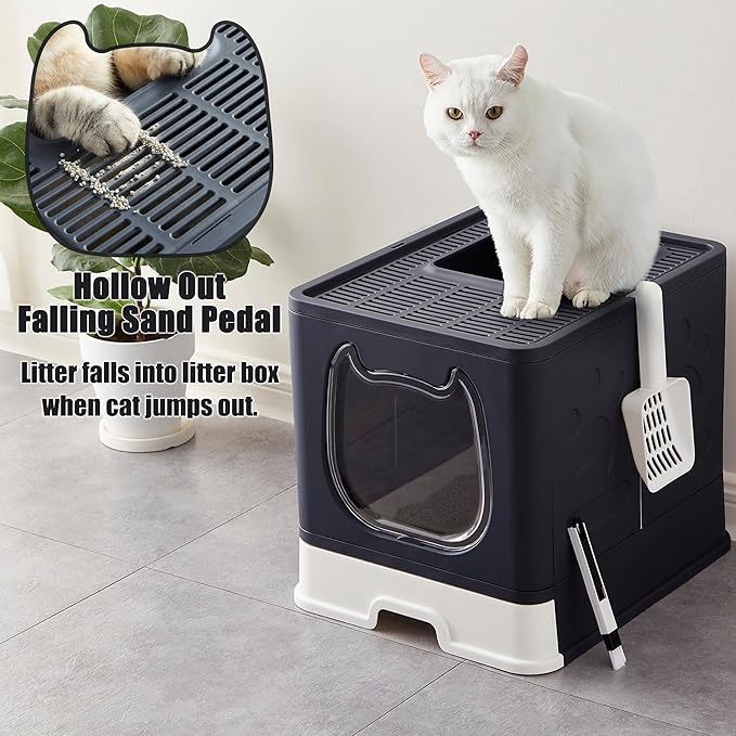 Gefryco Litter Box with Lid for Small to Medium Cats, Enclosed Cat Litter Box with Cover，High Sided Top Entry Cat Box with Brush and Scoop, Cute Kitty Litter Pan with Drawer for Growing Kitten(Black)-PawvioPets
