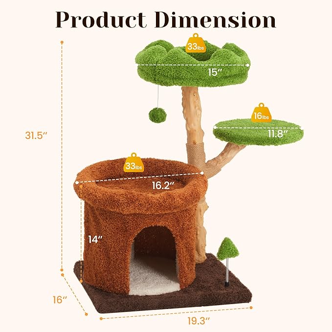 32-Inch Multi-Level Cat Tree Tower, Natural Wooden Cat Furniture with Sisal Scratching Posts, Beds & Condo, Cute Cat Tree for Indoor Cats, Multi-Cat Householdsolds-PawvioPets