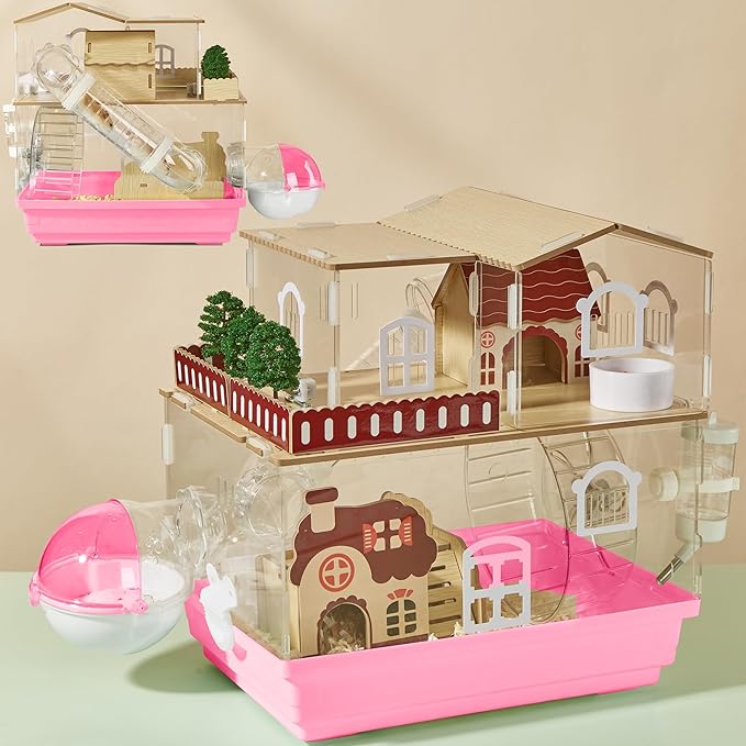 12 in 1 Clear Acrylic Hamster Cage with All Accessories,13.5''L*10''W*15''H Dwarf Hamster Cage,Magnetic Connection Small Hamster Enclosure,Wooden Mouse Cage for Pet Mice(2-Layer,Pink) Install Required-PawvioPets