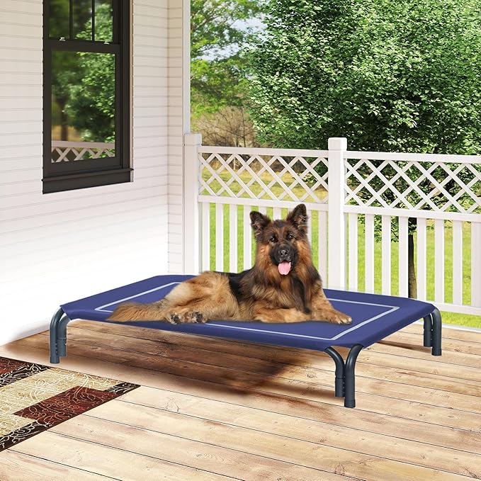 Elevated Dog Bed Raised Outdoor Dog Cot for Extra Large Dogs, Installation Requires No Tools, Frame with Washable Cooling Breathable Mesh Anti-Slip Feet, Indoor Pet Bed, Blue, 48.8 Inches-PawvioPets